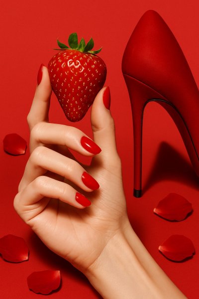 Красная помада и клубника: изысканная деталь в крупном плане. Генерация из нейросети Sora images Ai