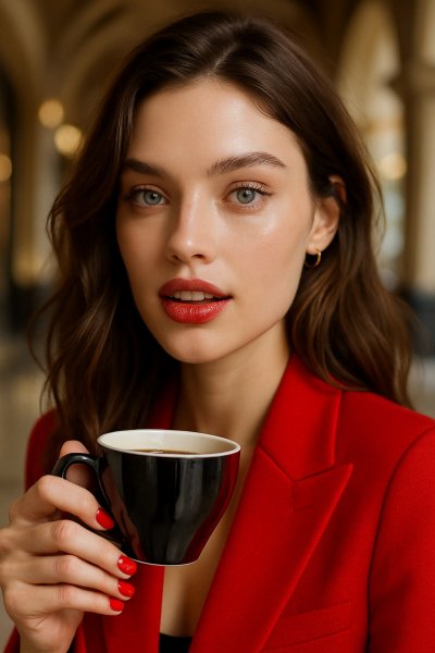 Красивая женщина с чашкой кофе в руках: энергия и движение в интерьере. Генерация из нейронной сети Sora Ai Images