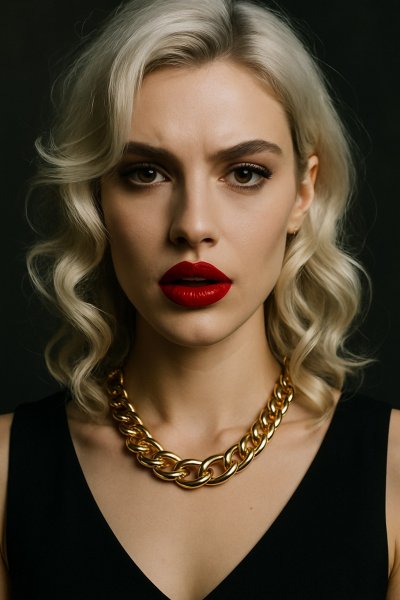 Роковая красотка с алыми губами и белыми локонами. Генерация из нейросети Sora Images