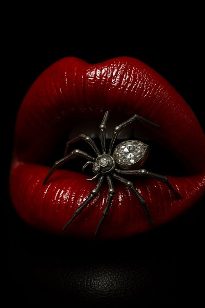 Загадочный взгляд: губы и паук в черном великолепии. Изображение из нейронной сети Sora Ai Images