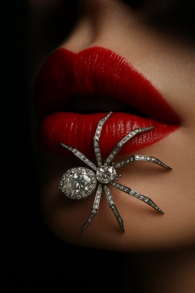 Яркие губы и металлический паук: завораживающий образ. Генерация из нейросети Sora