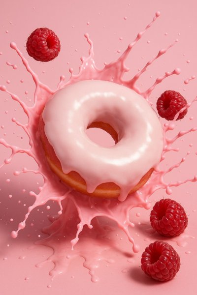 Розовый пончик в молочной феерии: фотореалистичный десерт с малиной. Нейросеть Sora images Ai