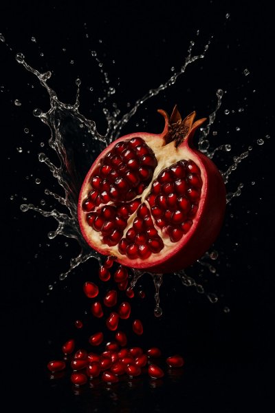 Гранат в разрезе: сочные брызги свежести и фотореалистичная красота. Картинка из нейросети Sora Image