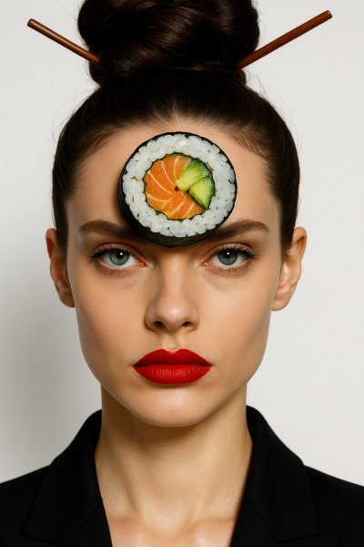 Смешное приключение с суши на голове. Картинка из нейронной сети Sora Ai Images