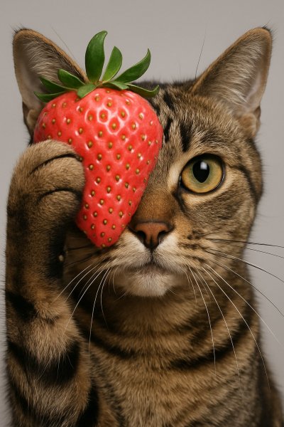 Загадочный взгляд кота и клубника - необычное сочетание для фото. Изображение из нейронной сети Sora Images