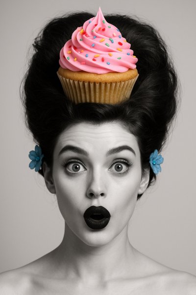 Неожиданный десерт: забавный портрет с кондитерской прической. Картинка из нейронной сети Sora Images