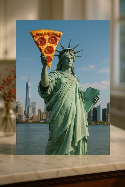 Свобода и пицца: неожиданное сочетание в современном городе. Генерация из нейронной сети Sora Ai Images