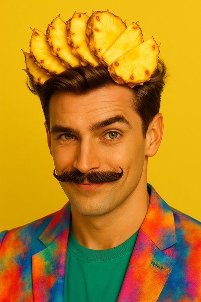 Загадочный портрет мужчины с ананасовым великолепием на голове и озорным взглядом. Генерация из нейросети Sora Image