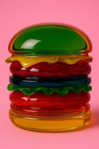 Радужный бургер: слои вкуса и эстетики в стекле. Генерация из нейросети Sora Ai Images