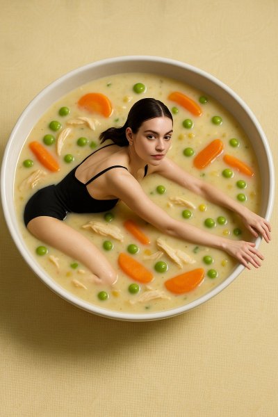 Девочка в супе: нежная сказка о домашнем уюте и тепле. Картинка из нейронной сети Sora Ai Images