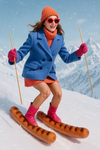 Девушка на лыжах из сосисок спускается по склону. Нейросеть Sora Images