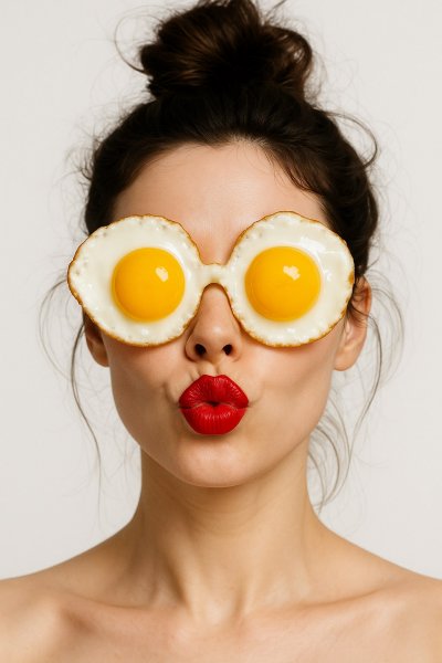 Яичные очки и дерзкий взгляд: забавный портрет современной девушки. Изображение из нейросети Sora Images