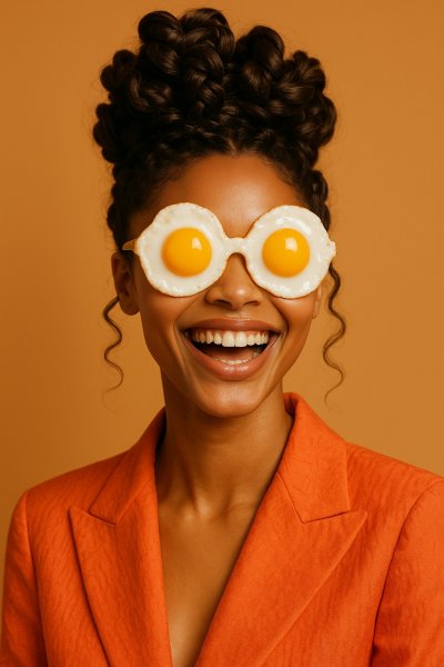 Яркая иллюстрация девушки с яичницей вместо очков. Нейросеть Sora Images