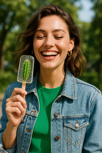 Летнее настроение: женщина с кактусом и улыбкой на фоне зелени. Нейронная сеть Sora Images