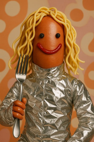 Смешной персонаж из колбасы в фольге покоряет сцену. Картинка из нейросети Sora Image