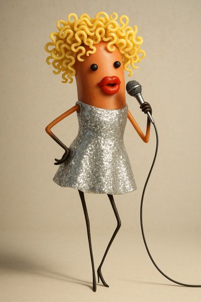 Обаятельная сосиска в блестящем наряде поёт серенаду. Изображение из нейросети Sora