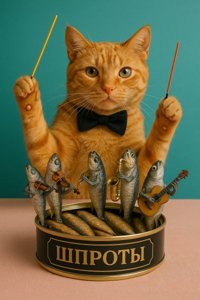 Сардиновый оркестр и котик-дирижер. Картинка из нейросети Sora Ai Images