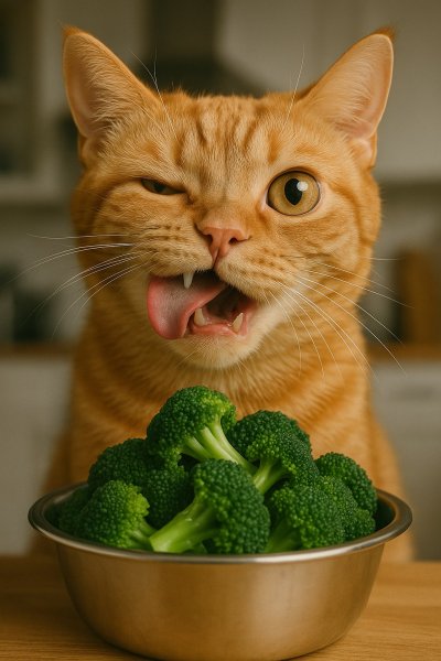 Котик и брокколи: забавное выражение мордочки в кухонном пейзаже. Нейросеть Sora Image