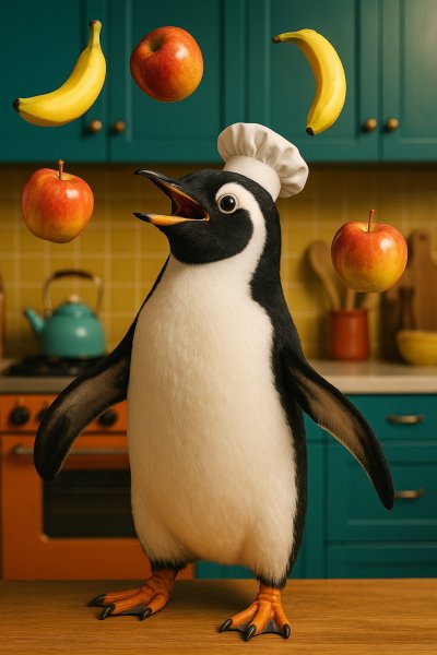 Весёлый повар-пингвин и фруктовый переполох. Генерация из нейросети Sora Image