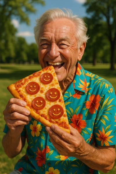 Весёлый старик и пицца с улыбками пепперони в парке. Изображение из нейросети Sora
