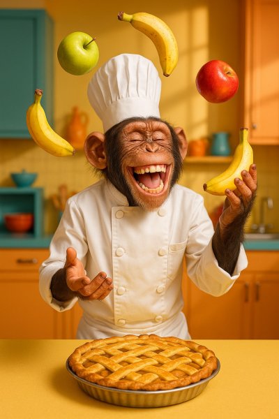 Весёлый повар-обезьяна и фруктовый переполох на кухне. Генерация из нейронной сети Sora Ai Images
