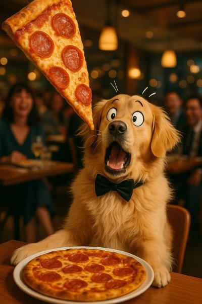 Золотистый ретривер и огромный кусок пиццы: неожиданное угощение в ресторане. Генерация из нейронной сети Sora Image