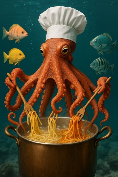 Октохуса-шефкор и спагетти: подводная кулинарная феерия с юмором. Картинка из нейронной сети Sora