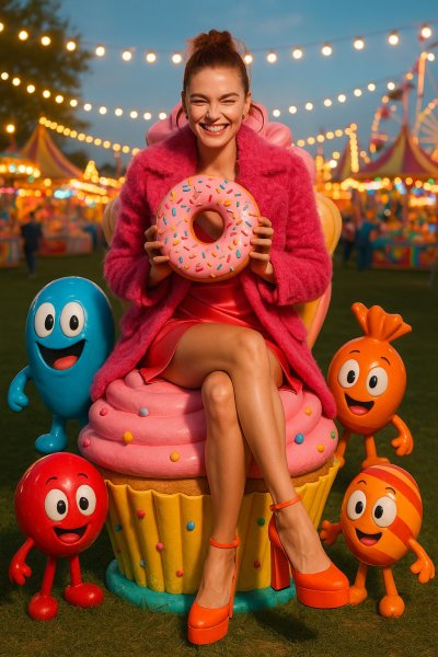 Девочка с пончиком и сладостями на карнавале грёз. Нейросеть Sora Image