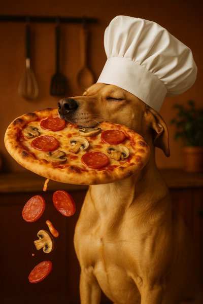 Весёлый песик-повар и огромная пицца с начинкой. Изображение из нейронной сети Sora Image