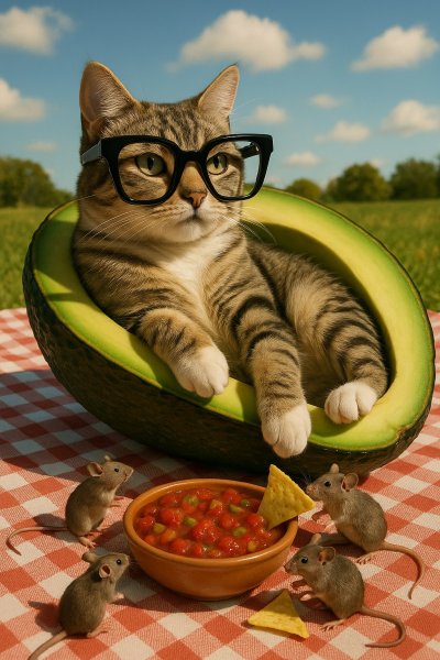 Котик в очках и авокадо с мышками - веселый пикник. Картинка из нейросети Sora