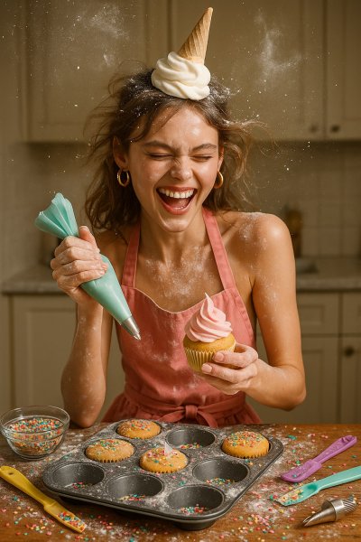 Весёлый кондитер: белка печёт капкейки в ярком хаосе кухни. Генерация из нейронной сети Sora