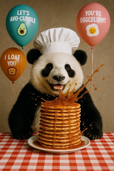 Весёлый повар-пандочка и гора вкусных блинчиков. Генерация из нейросети Sora