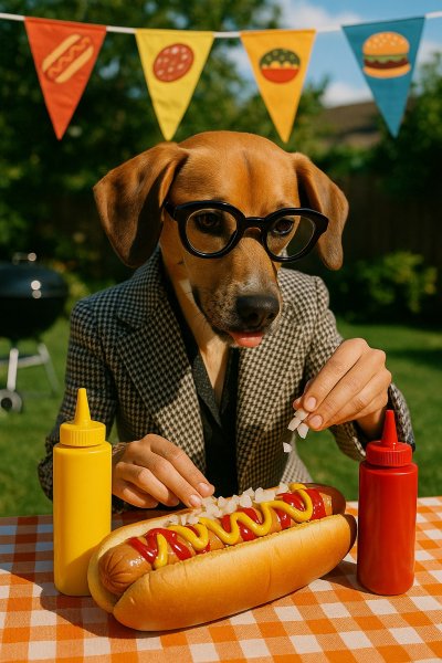 Собака-гурманище: Весёлый пикник с гигантским хот-догом и яркими красками лета. Нейронная сеть Sora Images