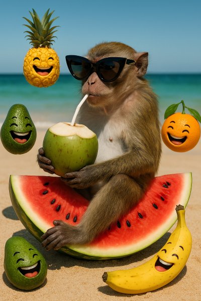 Обезьянка на пляже: отдых с тропическими фруктами и кокосом. Изображение из нейронной сети Sora