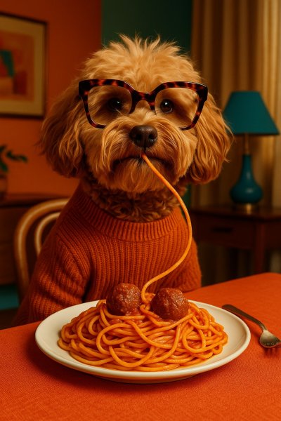 Забавный пёс и спагетти: кулинарные приключения с юмором. Изображение из нейросети Sora Ai Images
