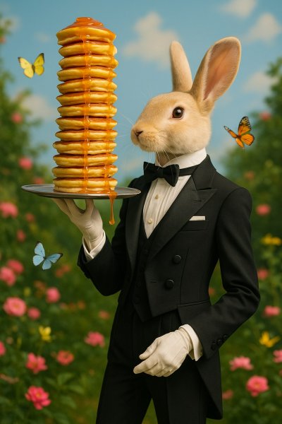 Кролик-официант и гора летающих блинчиков в чудесном саду. Генерация из нейросети Sora images Ai