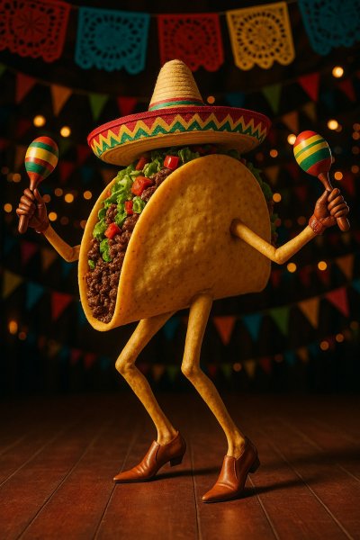 Танцующий тако на сцене фееричного карнавала с маракасами. Генерация из нейронной сети Sora Image