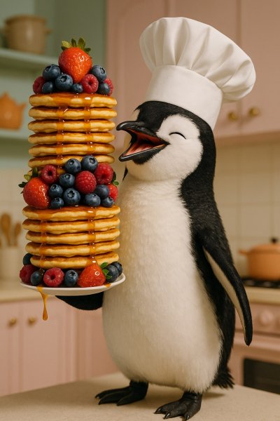 Весёлый повар-пингвин и гора вкуснейших панкейков с фруктами. Нейросеть Sora