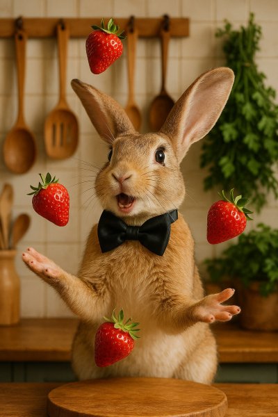 Забавный кролик-кулинар с ягодами и бантиком. Изображение из нейронной сети Sora