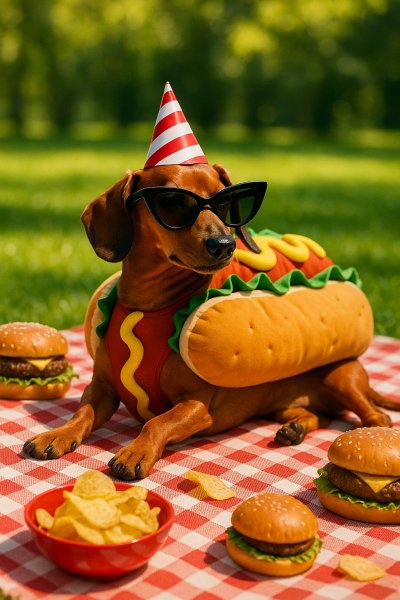 Собака в костюме хот-дога наслаждается пикником на лужайке. Генерация из нейронной сети Sora images Ai