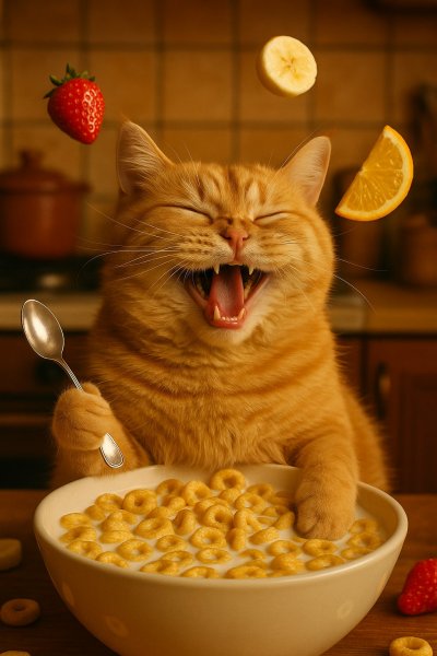 Котик в каше с фруктами и ложечкой - забавный момент. Генерация из нейронной сети Sora Image