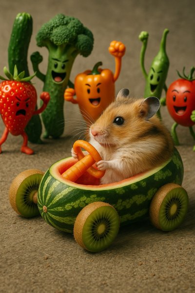 Забавные гонки хомяка на арбузе: веселое соревнование среди овощей и фруктов. Изображение из нейронной сети Sora