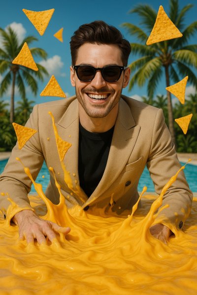 Весёлый ныряльщик в сырном бассейне с начос. Изображение из нейронной сети Sora Images