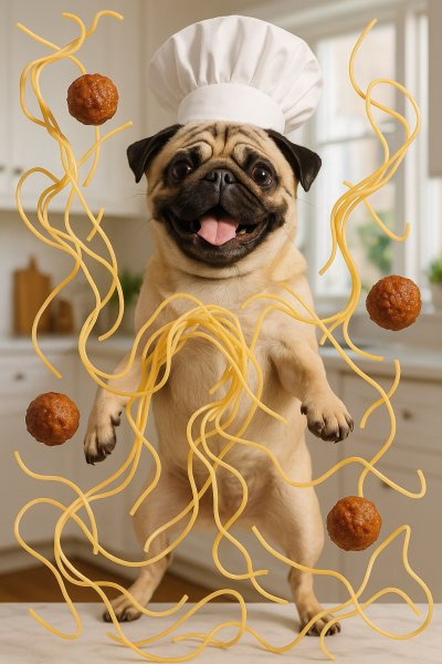 Весёлый повар-пудель и полёт спагетти: кулинарный хаос в яркой кухне. Картинка из нейросети Sora Images