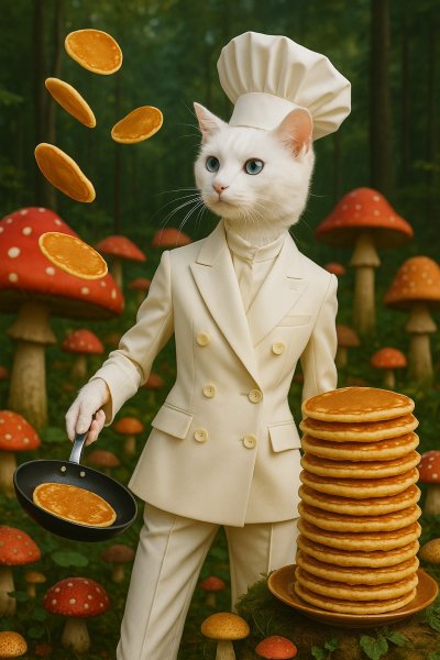 Бесшабашный повар-белка и летающие блинчики в сказочном лесу. Картинка из нейронной сети Sora Image