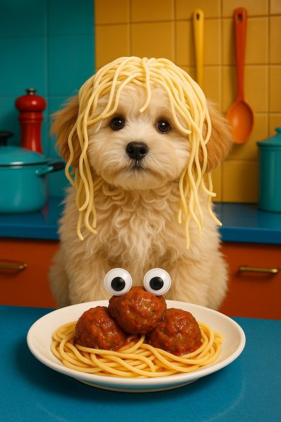 Забавный щенок в спагетти: кулинарный беспорядок и игривое настроение. Изображение из нейронной сети Sora Images