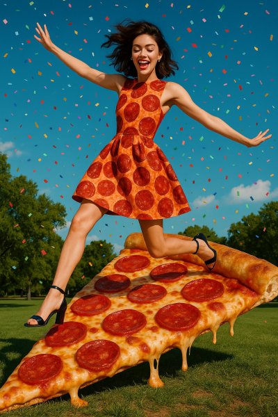 Девочка и гигантская пицца в парке. Картинка из нейронной сети Sora images Ai