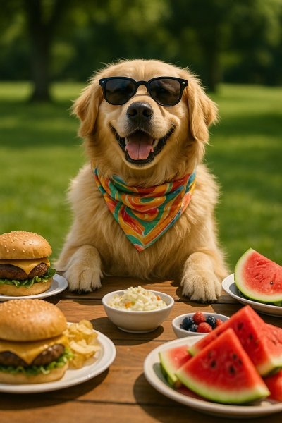 Золотистый ретривер на пикнике с бургерами и арбузом: радость летнего дня. Изображение из нейросети Sora Image
