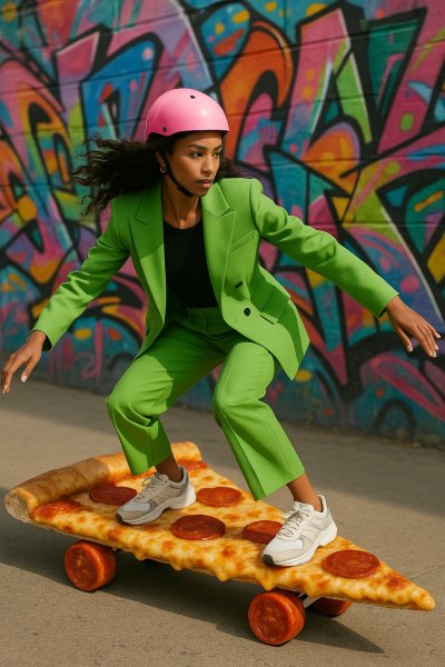 Бесстрашный бельчонок покоряет пиццу-скейтборд. Картинка из нейронной сети Sora