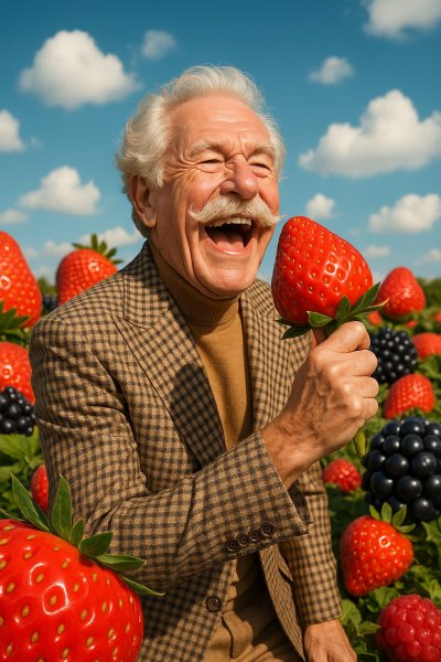 Весёлый старик с клубникой поёт в волшебном фруктовом поле. Нейросеть Sora